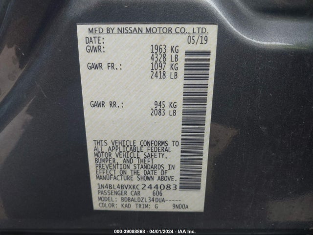 Nissan Altima 2.5 S 2019 1N4BL4BVXKC244083 Image 9