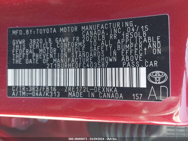 Toyota COROLLA LE 2015 2T1BURHE0FC403587 Image 9