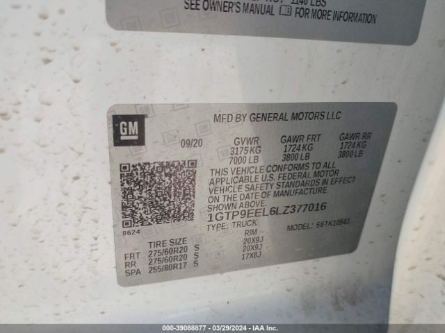 1GTP9EEL6LZ377016 GMC Sierra 1500 4wd  Short Box At4