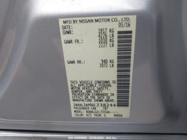 1N4AL3AP0GC238244 Nissan Altima 2.5/2.5 S/2.5 Sl/2.5 Sr/2.5 Sv