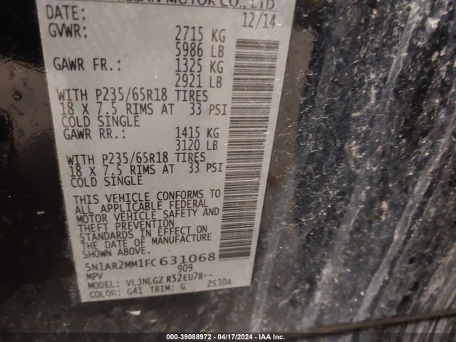 Nissan Pathfinder Sl 2015 5N1AR2MM1FC631068 Image 9