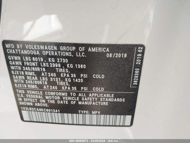 1V2LR2CA8KC601241 Volkswagen Atlas 3.6l V6 Se
