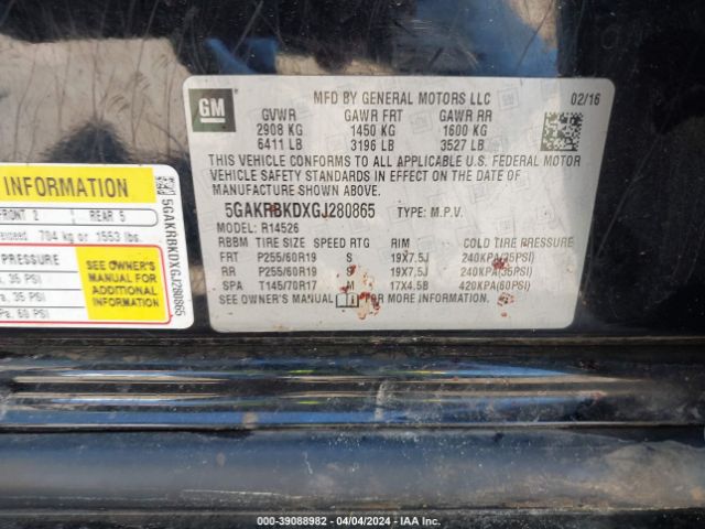 5GAKRBKDXGJ280865 Buick Enclave Leather