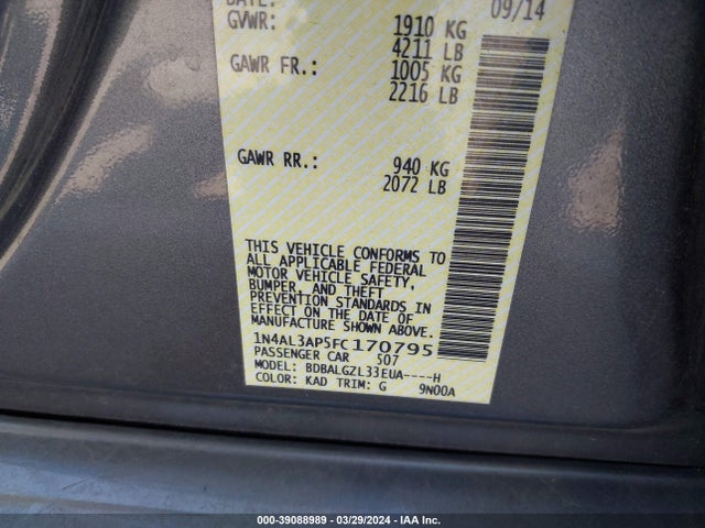 Nissan Altima 2.5 S 2015 1N4AL3AP5FC170795 Image 9
