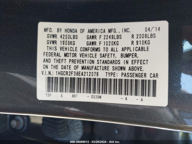 Honda ACCORD LX 2014 1HGCR2F38EA212079 Image 9