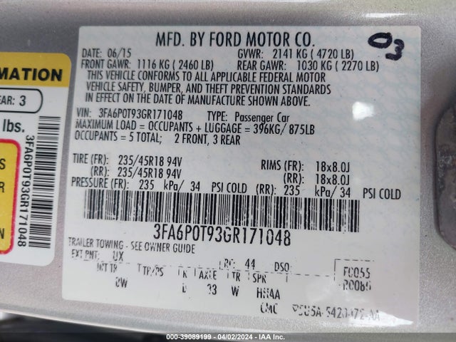 Ford FUSION SE 2016 3FA6P0T93GR171048 Image 9