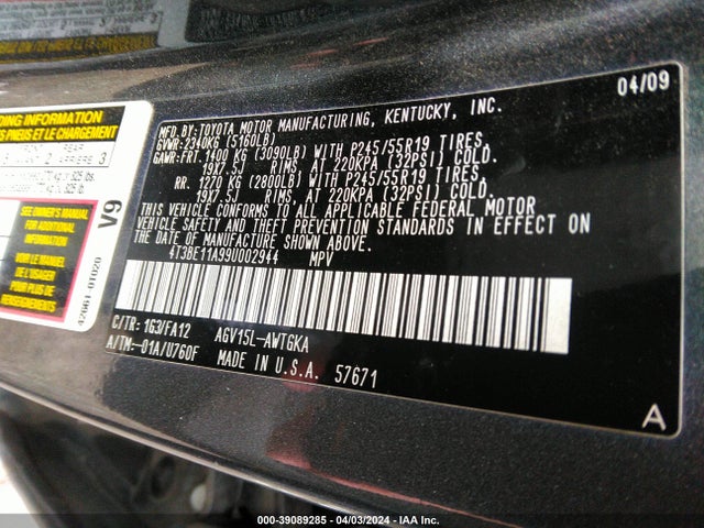 Aukcja sprzedaży 2009 Toyota Venza, vin: 4T3BE11A99U002944, numer aukcji: 39089285
