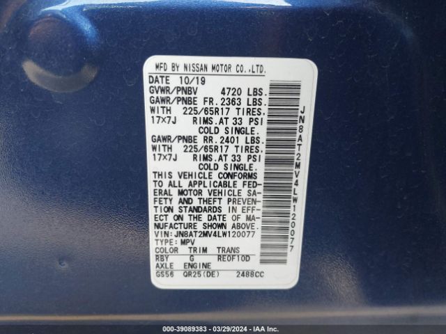 JN8AT2MV4LW120077 Nissan Rogue Sv Intelligent Awd