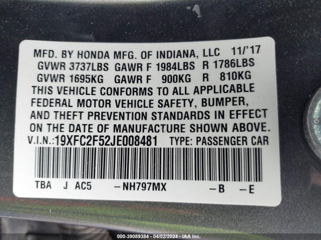 Honda Civic Lx 2018 19XFC2F52JE008481 Image 9