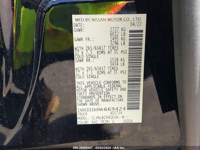 Nissan Frontier Sv 4x4 2022 1N6ED1EK6NN669424 Image 9