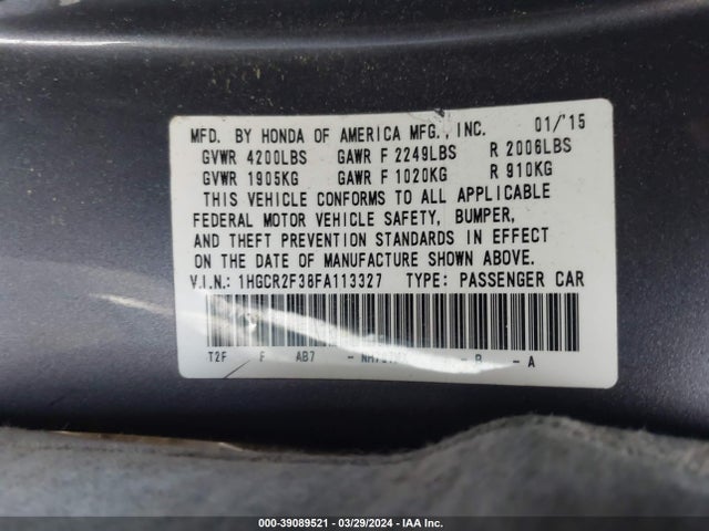 Honda ACCORD LX 2015 1HGCR2F38FA113327 Image 9