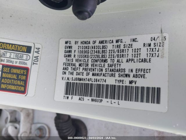 5J6RM4H74FL064774 Honda Cr-v Ex-l