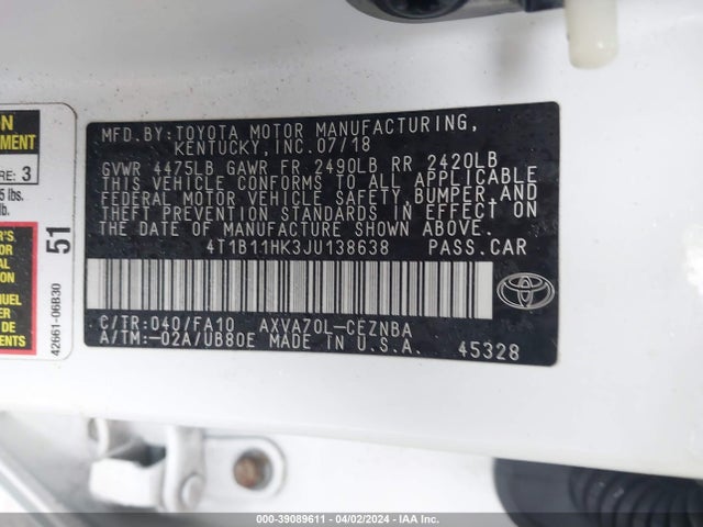 Toyota CAMRY LE 2018 4T1B11HK3JU138638 Image 9