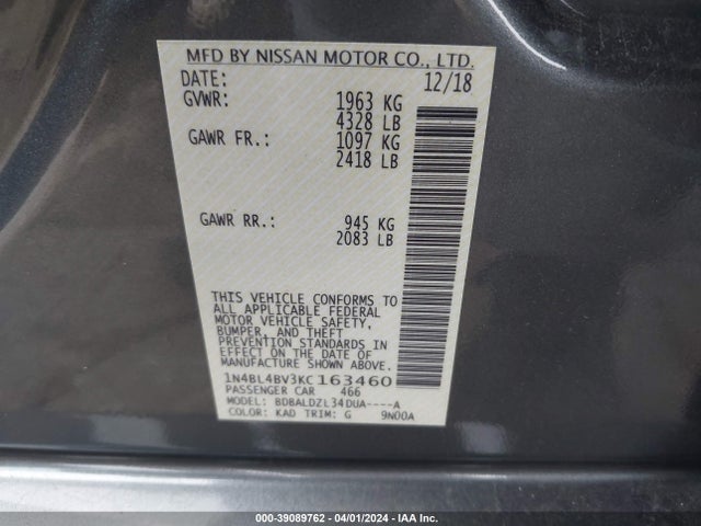 Nissan Altima 2.5 S 2019 1N4BL4BV3KC163460 Image 9
