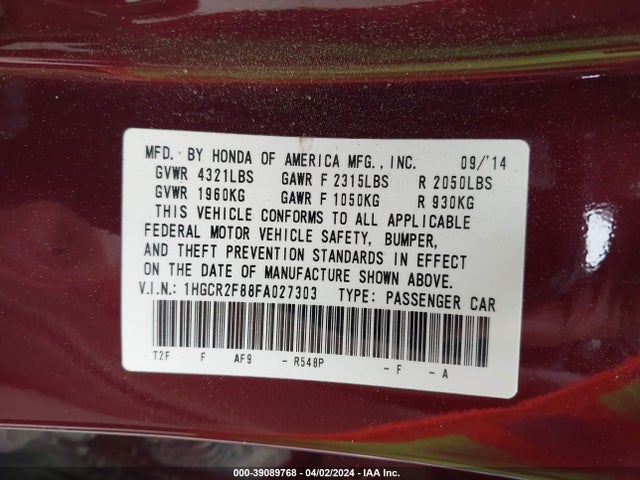 Honda Accord Ex-l 2015 1HGCR2F88FA027303 Image 9