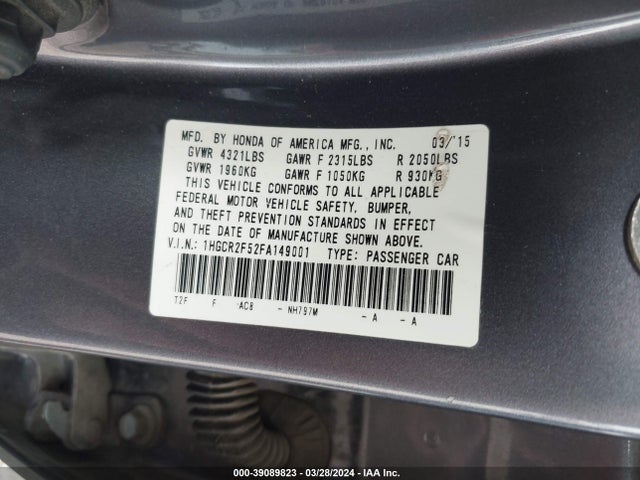 Honda Accord Sport 2015 1HGCR2F52FA149001 Image 9