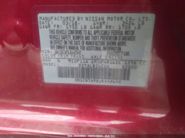 3N1CN7AP8JK442640 Nissan Versa 1.6 Sv