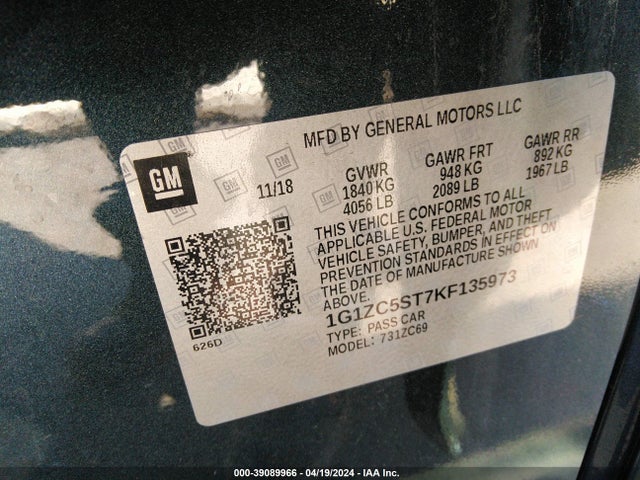 Chevrolet Malibu 1fl 2019 1G1ZC5ST7KF135973 Image 9