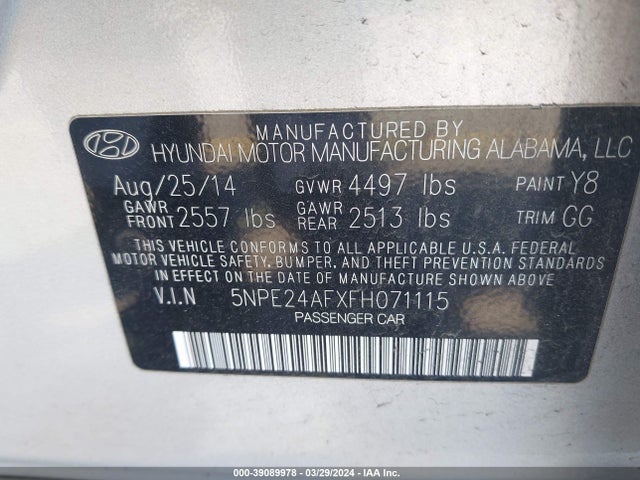 Hyundai SONATA SE 2015 5NPE24AFXFH071115 Image 9