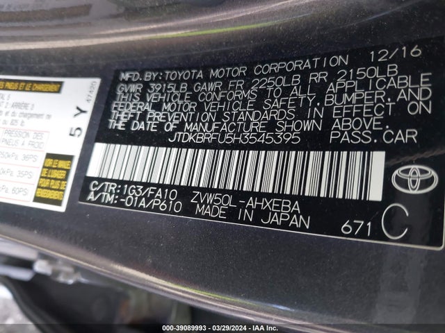 Toyota Prius Two 2017 JTDKBRFU5H3545395 Image 9