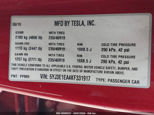 Tesla Model 3 Long Range/mid Range/standard Range/standard Range Plus 2019 5YJ3E1EA4KF331917 Image 9