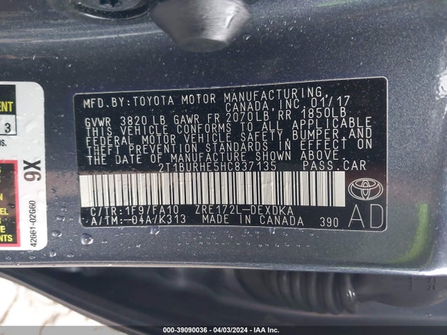 Toyota COROLLA L 2017 2T1BURHE5HC837135 Image 9