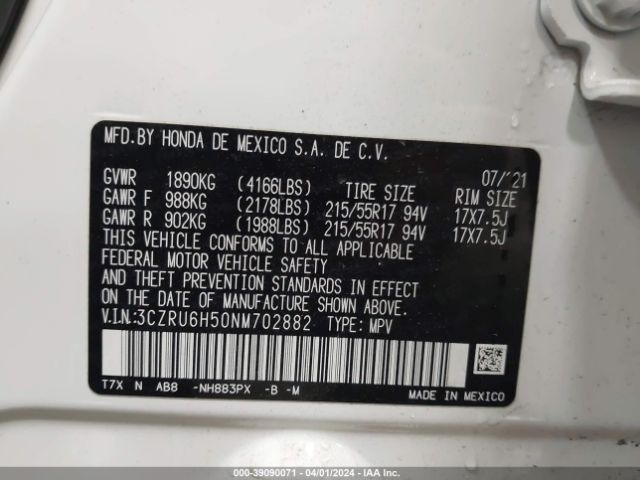 3CZRU6H50NM702882 Honda Hr-v Awd Ex