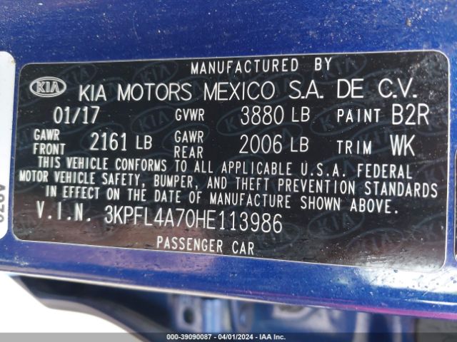 3KPFL4A70HE113986 KIA FORTE S