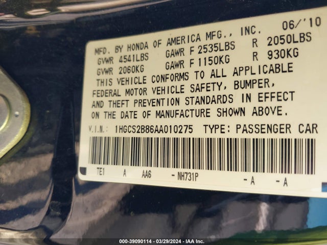 39090114 :رقم المزاد ، 1HGCS2B86AA010275 vin ، 2010 Honda Accord 3.5 Ex-l مزاد بيع