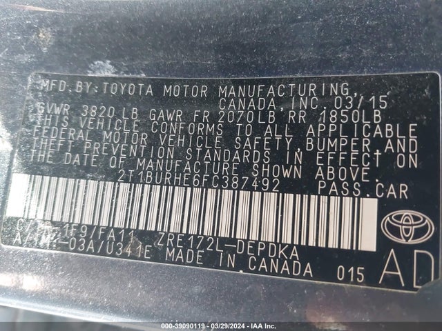 Toyota COROLLA L 2015 2T1BURHE6FC387492 Image 9