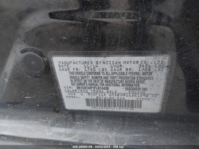 3N1CN7AP1FL874438 Nissan Versa 1.6 S/1.6 S+/1.6 Sl/1.6 Sv