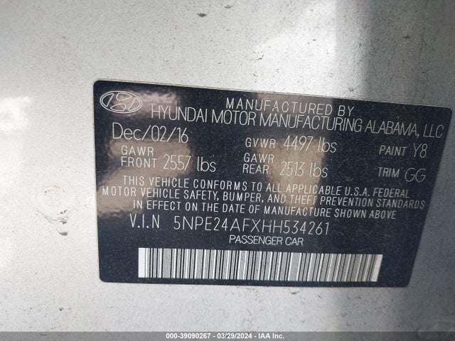 Hyundai Sonata 2017 5NPE24AFXHH534261 Image 9