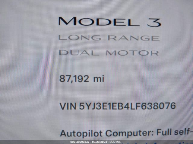 5YJ3E1EB4LF638076 Tesla Model 3 Long Range Dual Motor All-wheel Drive