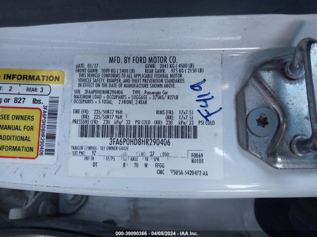 Ford FUSION SE 2017 3FA6P0HD8HR290406 Image 9