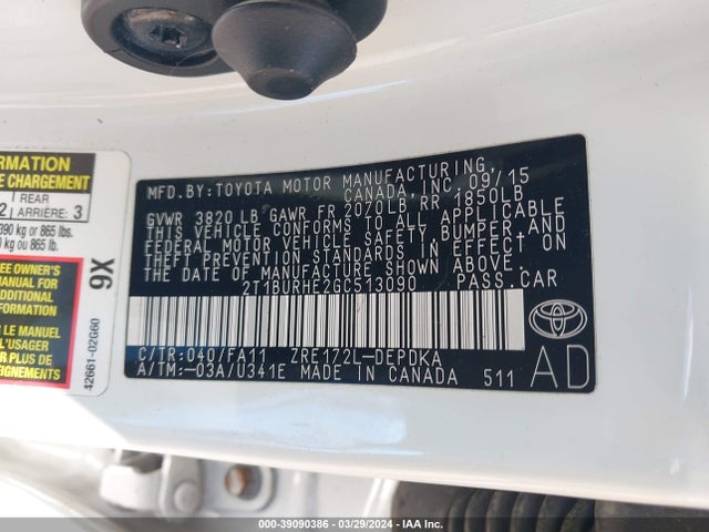 Toyota COROLLA L 2016 2T1BURHE2GC513090 Image 9