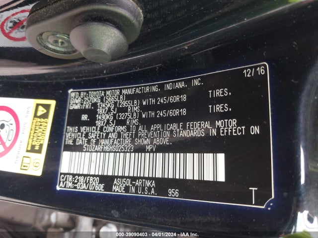 Toyota Highlander Le 2017 5TDZARFH6HS025323 Image 9