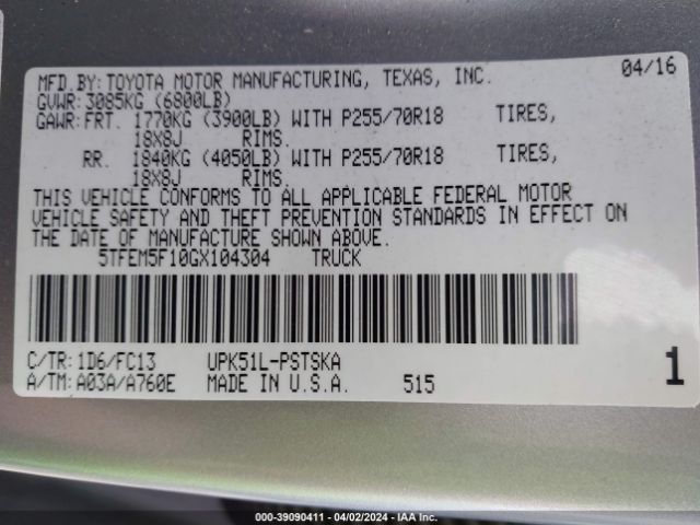 5TFEM5F10GX104304 Toyota Tundra Sr5 4.6l V8