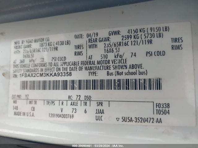Ford Transit-350 Xlt 2019 1FBAX2CM3KKA93358 Image 9