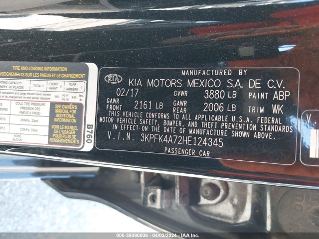 Продажа на аукционе авто 2017 Kia Forte Lx, vin: 3KPFK4A72HE124345, номер лота: 39090506
