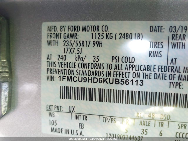 Ford ESCAPE SEL 2019 1FMCU9HD6KUB56113 Image 9