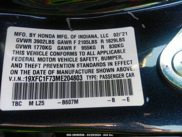 Honda Civic Ex-l 2021 19XFC1F73ME204803 Image 9