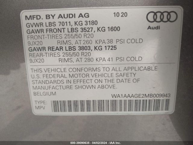 WA1AAAGE2MB009943 Audi E-tron Premium Quattro