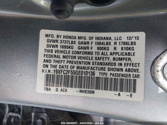 Honda Civic Lx 2016 19XFC2F55GE010136 Image 9