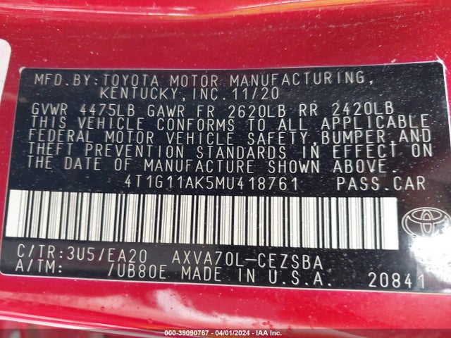 Toyota CAMRY SE 2021 4T1G11AK5MU418761 Image 9