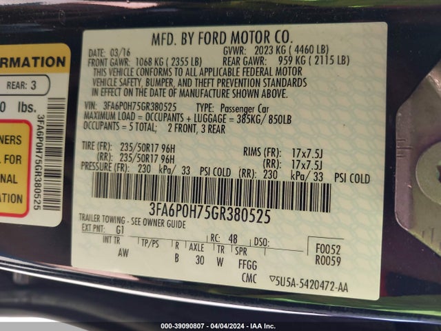 Ford FUSION SE 2016 3FA6P0H75GR380525 Image 9