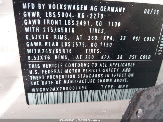 WVGBV7AX7HK001494 Volkswagen Tiguan 2.0t S