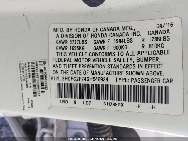 Honda CIVIC EX 2016 2HGFC2F74GH546924 Image 9