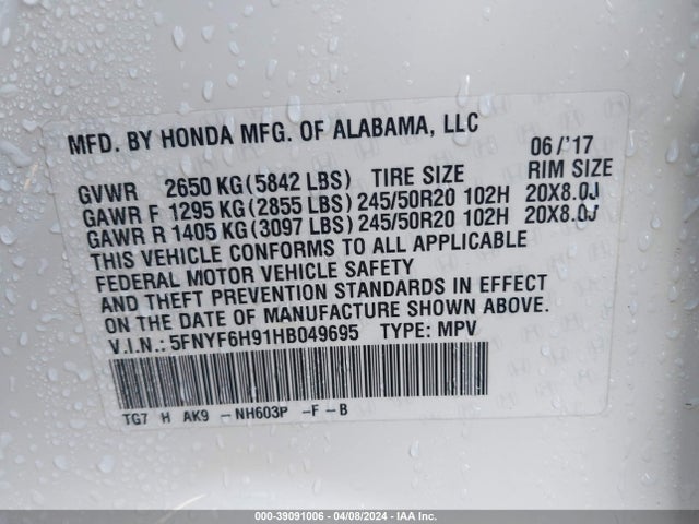 Honda Pilot Touring 2017 5FNYF6H91HB049695 Image 9