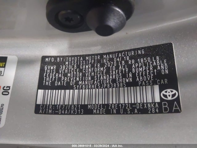 Toyota COROLLA LE 2018 5YFBURHE5JP838985 Image 9