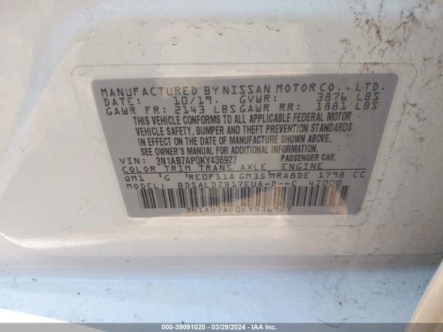 Nissan SENTRA SV 2019 3N1AB7AP0KY436927 Image 9